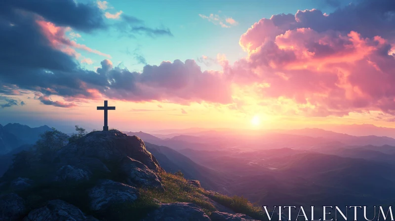 AI ART Cross on Mountain at Sunset