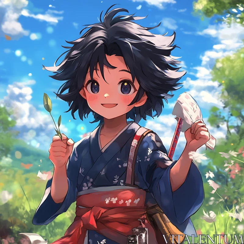 Joyful Anime Child in Nature AI Image