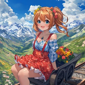 Anime Girl with Flowers and Mountain Scenery