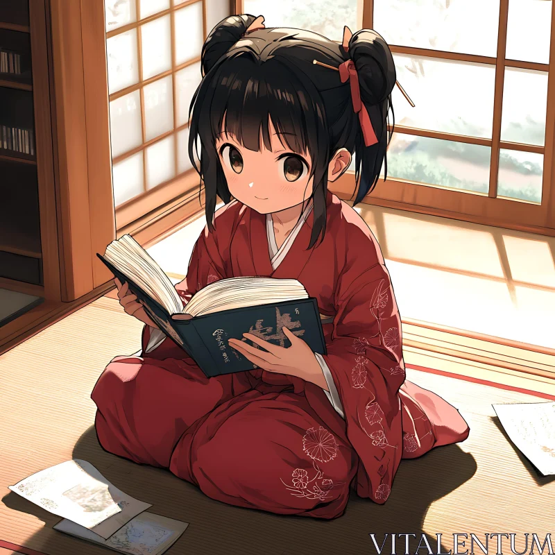 Young Girl in Kimono Reading a Book AI Image