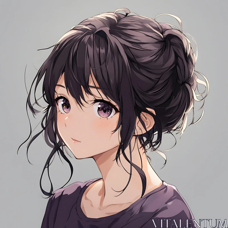 AI ART Anime Girl Portrait with Messy Bun and Violet Eyes