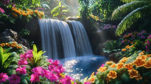 Tropical Paradise with Cascading Waterfall