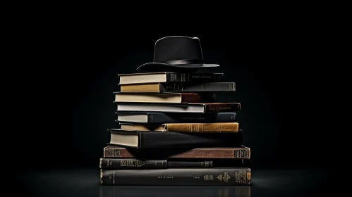 Captivating Artwork: Stack of Books with Top Hat on a Dark Background