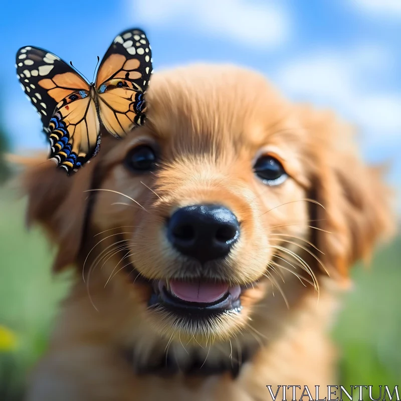 Adorable Puppy and Butterfly Moment AI Image