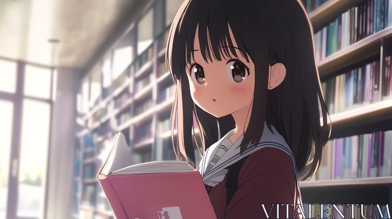 Young Anime Girl in Library with Book AI Image