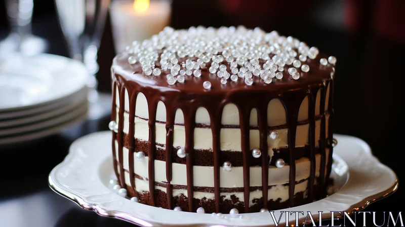 Decadent Chocolate Cake with Elaborate Beadwork and Transparent Layers AI Image