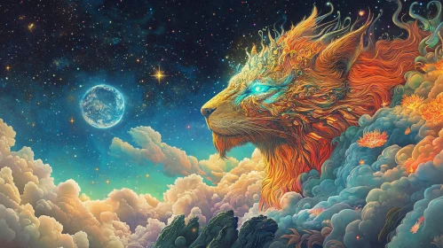 Cosmic Lion and Moonlit Sky