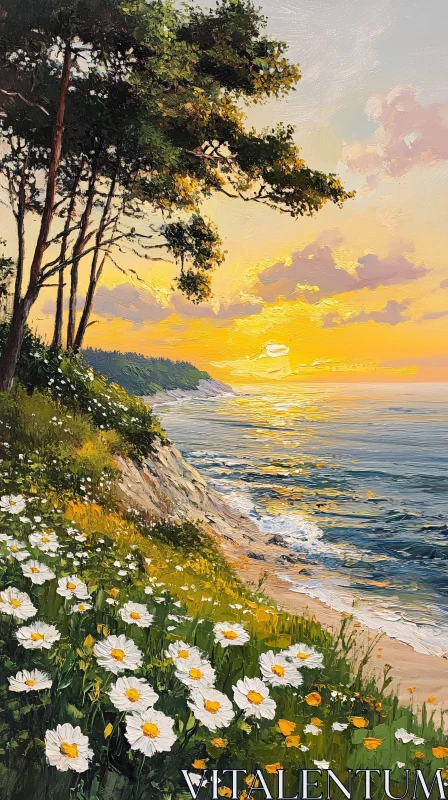 AI ART Golden Sunset Over the Ocean with Wildflowers