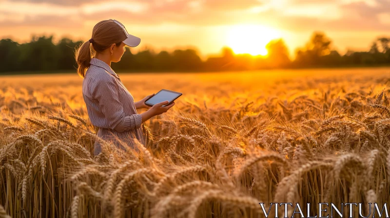 Woman in Wheat Field at Sunset AI Image