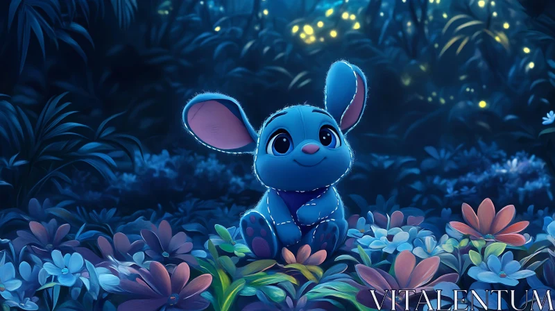 Whimsical Blue Bunny in Night Garden AI Image