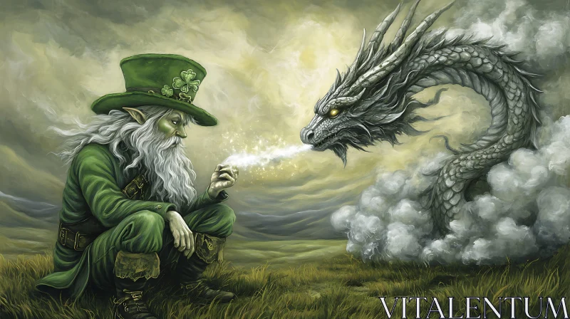 Enchanted Meeting: Leprechaun and Dragon Art AI Image