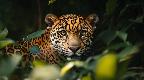 Wild Jaguar Among Green Leaves