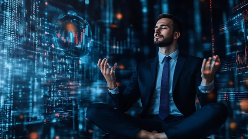 Calm Businessman Meditating with Stock Market Data
