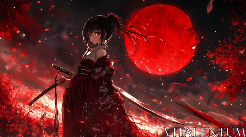 Female Samurai with Sword and Red Moon AI Image