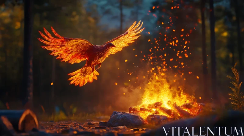 Bonfire Phoenix: A Magical Forest Scene AI Image