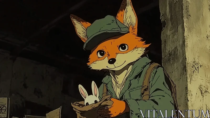 AI ART Anthropomorphic Fox with Bunny in Underground Setting