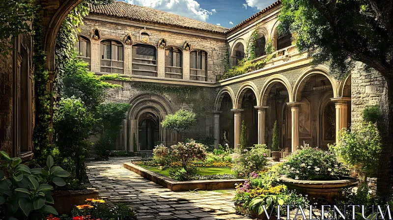 Tranquil Garden in Ancient Stone Courtyard AI Image