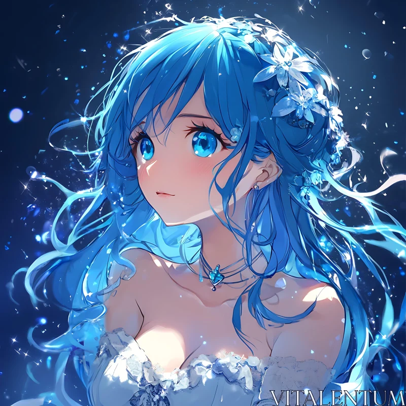 Fantasy Anime Girl with Blue Hair and Floral Adornments AI Image