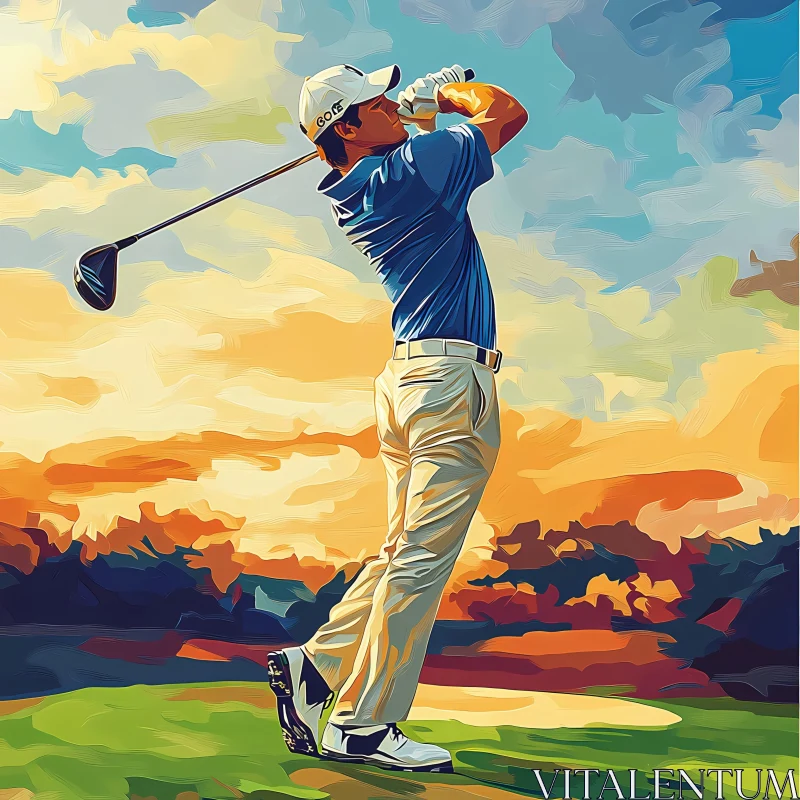 Golfer in Action at Sunset - Artistic Sport Illustration , AI AI Image