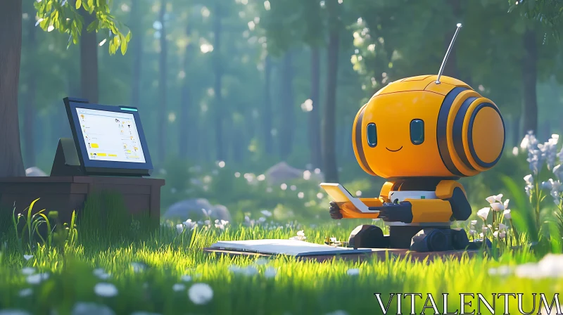 AI ART Robot in Forest Working on Laptop