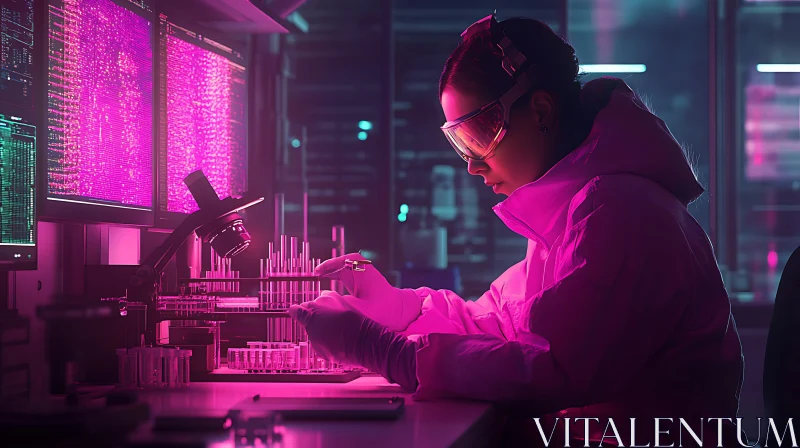 Scientist Conducting Experiment in Pink Lit Lab AI Image