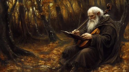 Elderly Violinist in Autumnal Woods