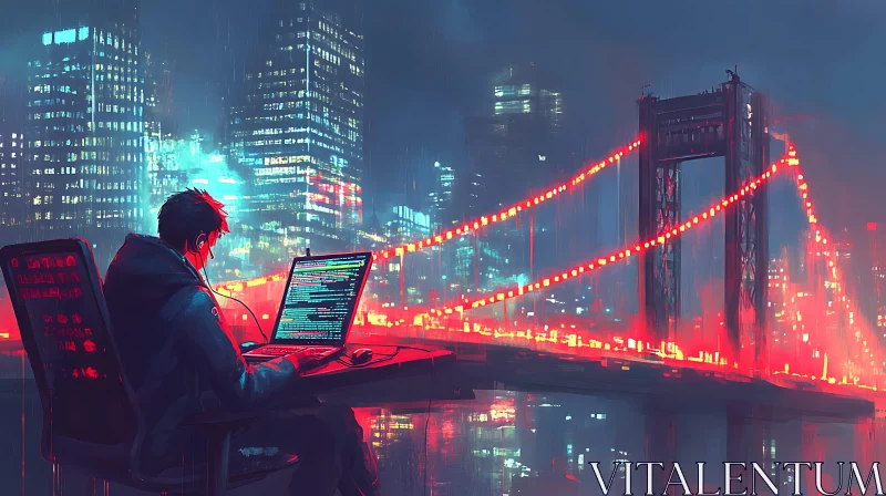 Night Coding Under Neon Bridge AI Image