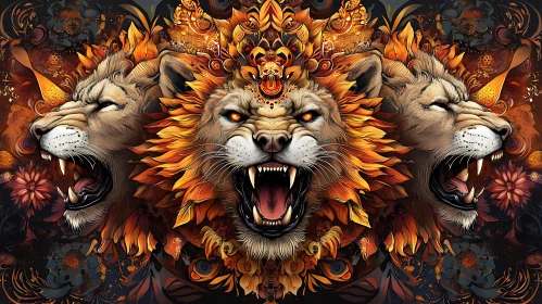 Trio of Lions with Fiery Manes