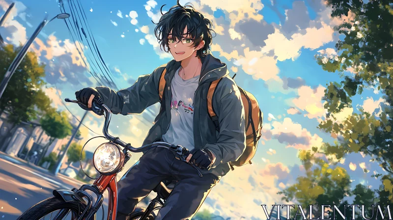 Young Boy on Bicycle During Golden Hour in Anime Style AI Image