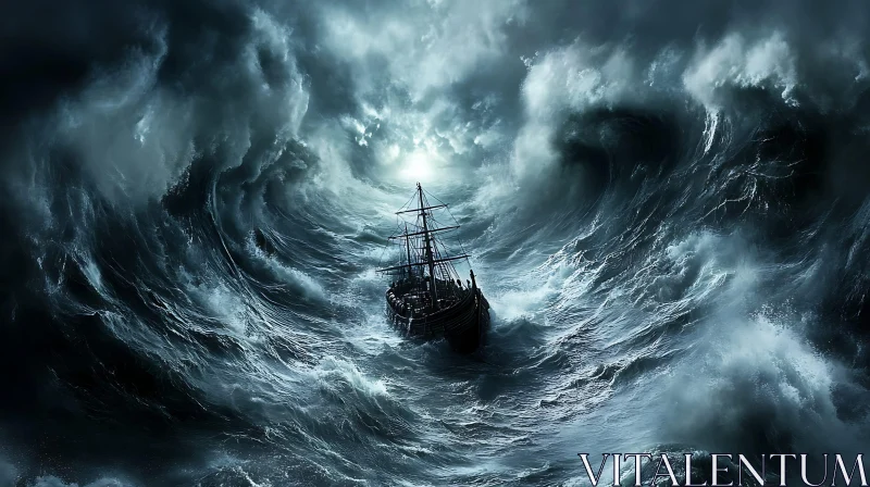 Tempestuous Voyage: Ship Amidst Giant Waves AI Image