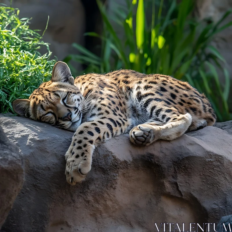 Spotted Ocelot Asleep on Rock AI Image