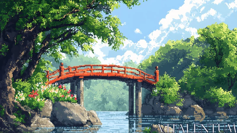 Peaceful Red Bridge and Blue Lake Surrounded by Trees AI Image