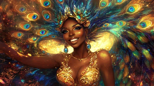 Golden Adorned Woman with Peacock Feathers