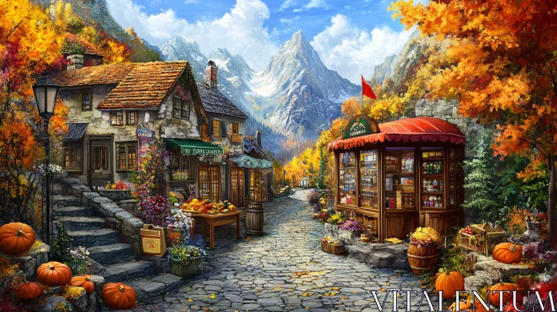 Scenic Autumn Village in the Mountains AI Image