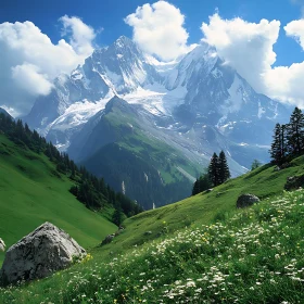 Snowy Mountain Peaks and Green Valley