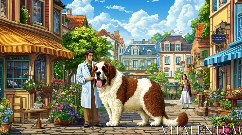 Village Vet and Giant Saint Bernard Dog AI Image