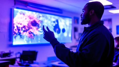 Man Presenting Abstract Art in Neon Light