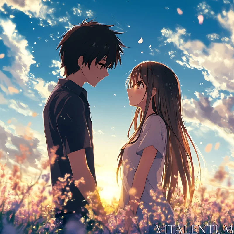 Lovers at Sunset in an Anime Field AI Image