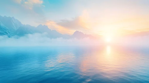 Misty Mountain Sunset Over a Calm Lake