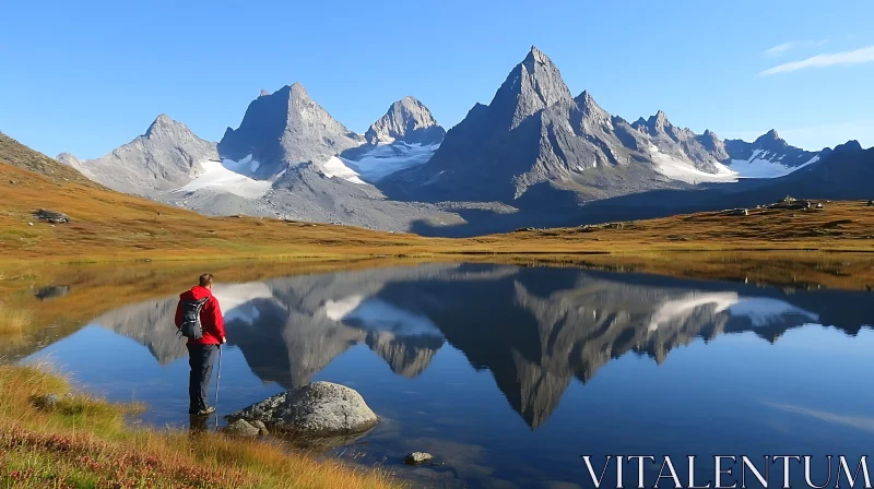 Hiker at Mountain Lake Reflective Scene AI Image