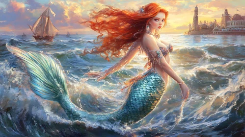 Red-Haired Mermaid in Ocean Painting