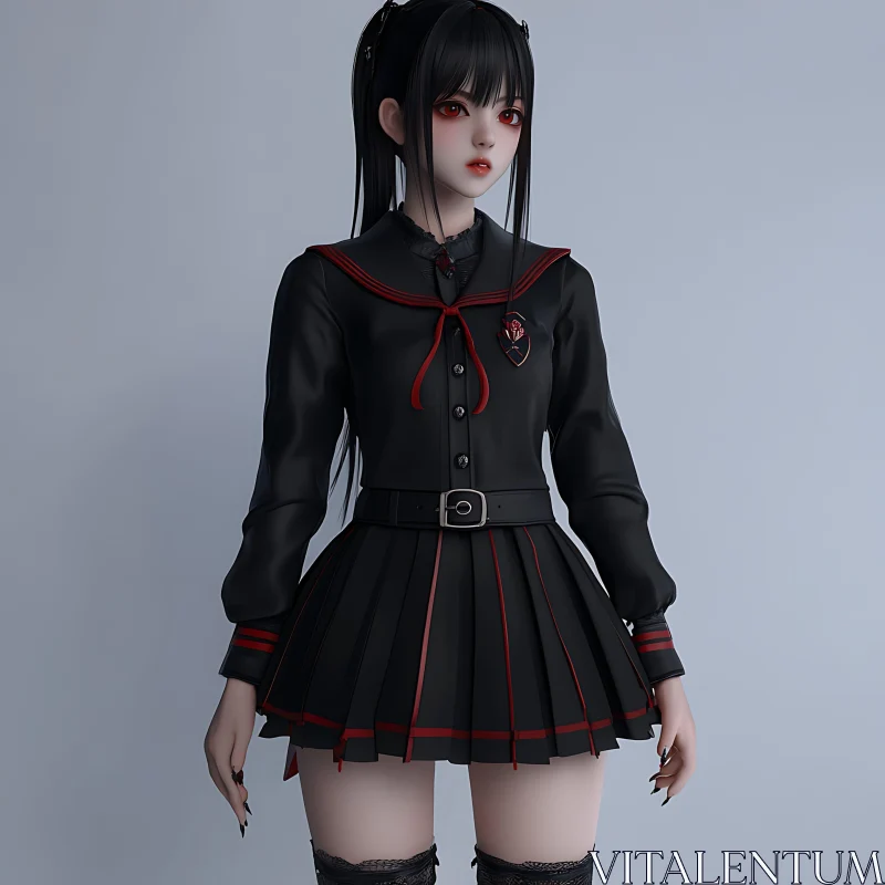 Gothic Anime Schoolgirl with Red Eyes AI Image