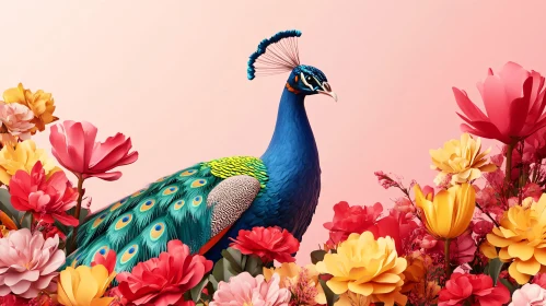 Peacock with Colorful Floral Arrangement