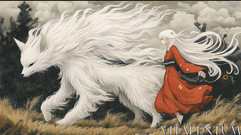 White Fox and Girl with Red Kimono in Golden Field AI Image