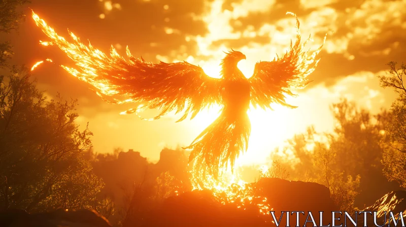 Golden Phoenix Spreading Wings Artwork AI Image