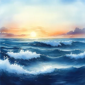 Watercolor Seascape with Rolling Waves