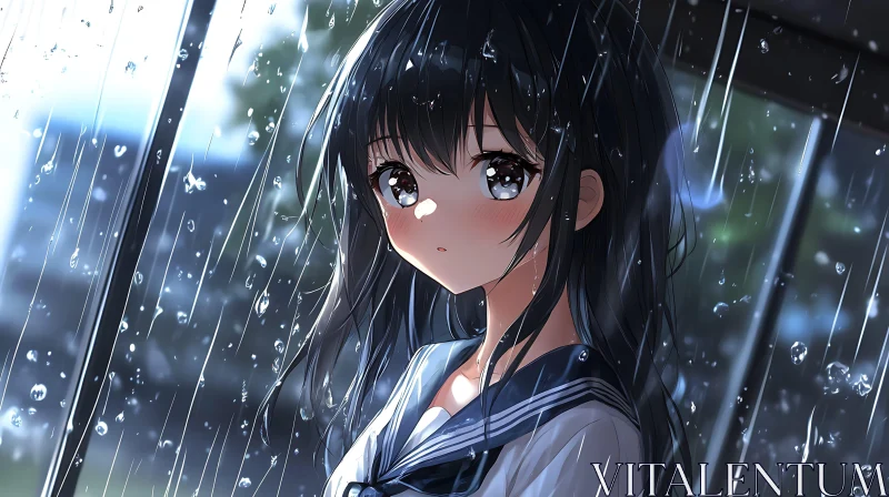 Melancholic Anime Girl in Rain AI Image