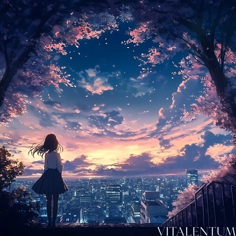 Anime Girl Watching Sunset Over City AI Image