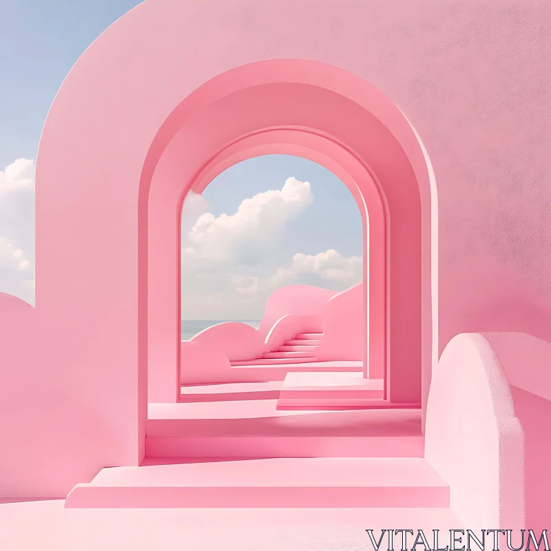 Dreamy Pink Arches and Stairs in a Surreal Setting AI Image