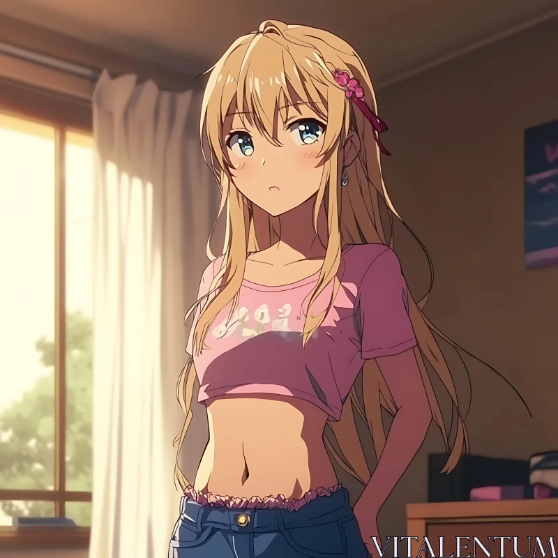 AI ART Sunlit Anime Girl in Pink Crop Top